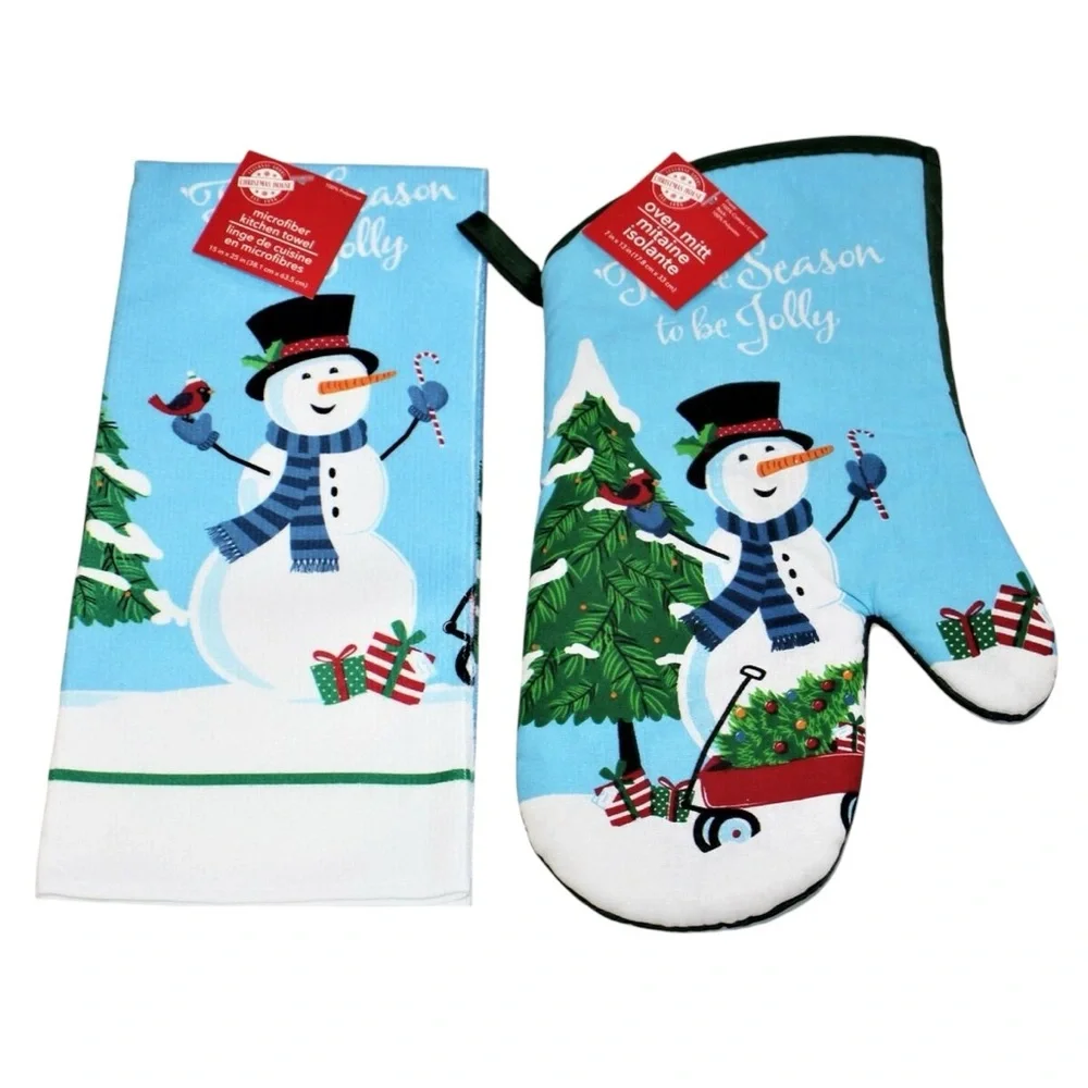 Holiday Snowman‎ Kitchen Towel and Mitt Potholders - Tis The Season to be Jolly